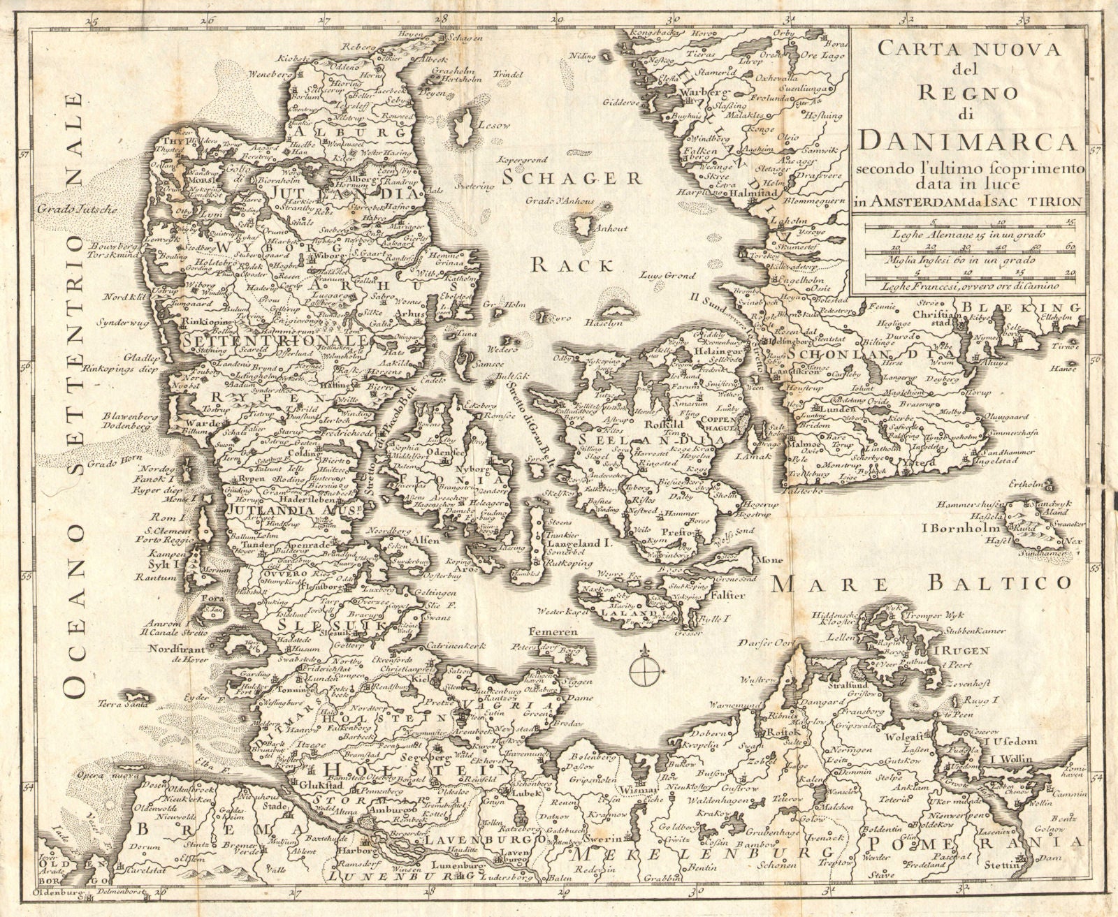 'Carta Nuova del Regno di Danimarca…' by Isaac TIRION. DENMARK c1750 old map